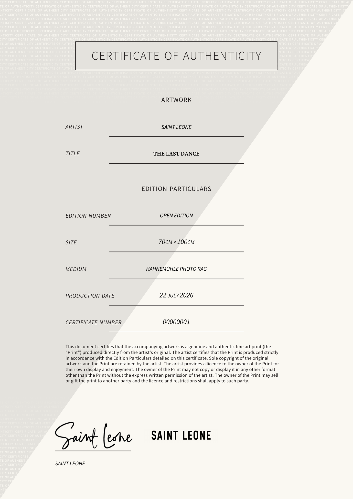 The Last Dance — Certificate of Authenticity